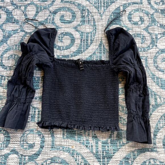 AQUA Black Smocked Square Neck Ruffle Crop Top - Size S - Picture 2 of 8